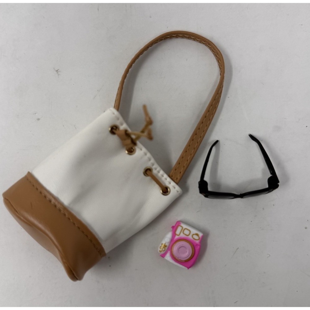 Barbie Zuru Mini Fashion Bag White & Tan Drawstring, Camera, Black Sun Glasses‎